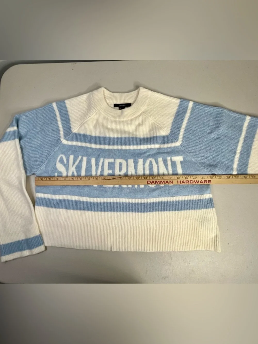 Forever 21 White & Light Blue 'SKI VERMONT' Stripe Knit Pullover
